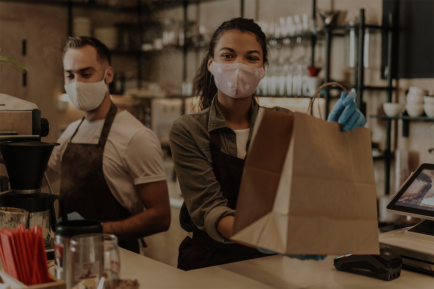 Coffee shop owners with face masks, lockdown